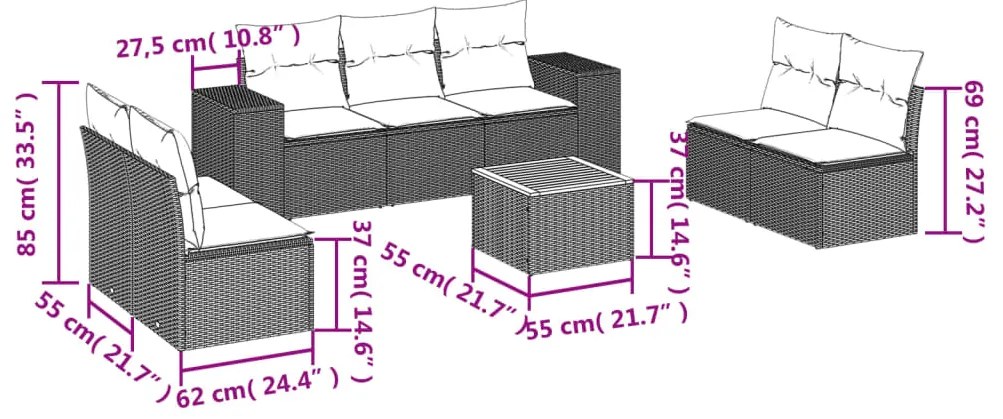 8 pcs conjunto sofás de jardim com almofadões vime PE preto