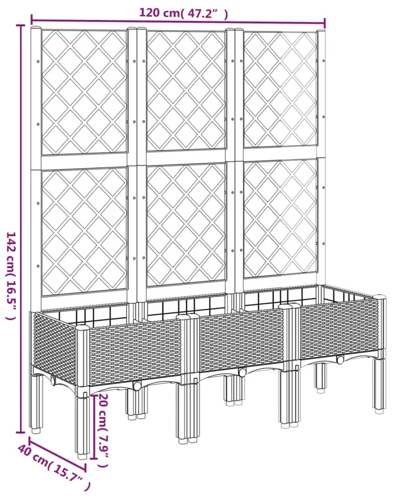 Vaso/floreira jardim c/ treliça 120x40x142 cm PP cinzento-claro