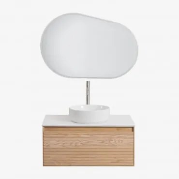 Conjunto De Móveis De Banheiro Em Madeira Tedrik Ash Castanho Fresno & Cerâmica Redonda Branca Ø40 Cm Lenka & Oval Led E - Sklum