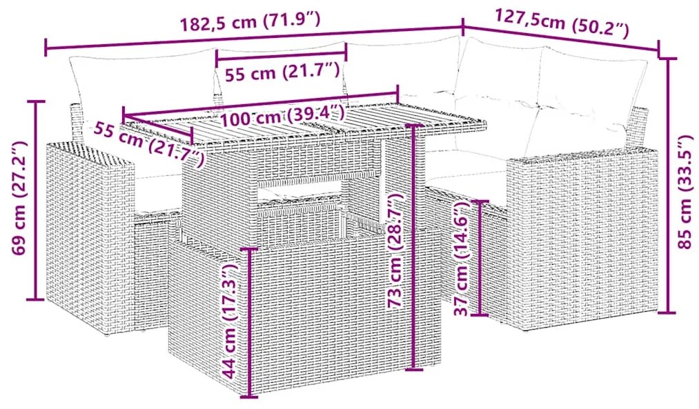 5 pcs conjunto de sofás p/ jardim com almofadões vime PE bege