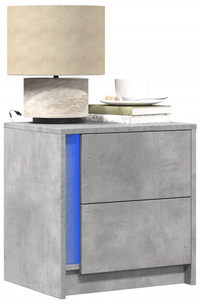 vidaXL Mesa de cabeceira c/ luzes LED derivados madeira cinza cimento