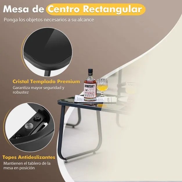 Conjunto Jardim de 4 peças com mesa de centro em vidro temperado Tecido respirável Estrutura em metal inoxidável Preto