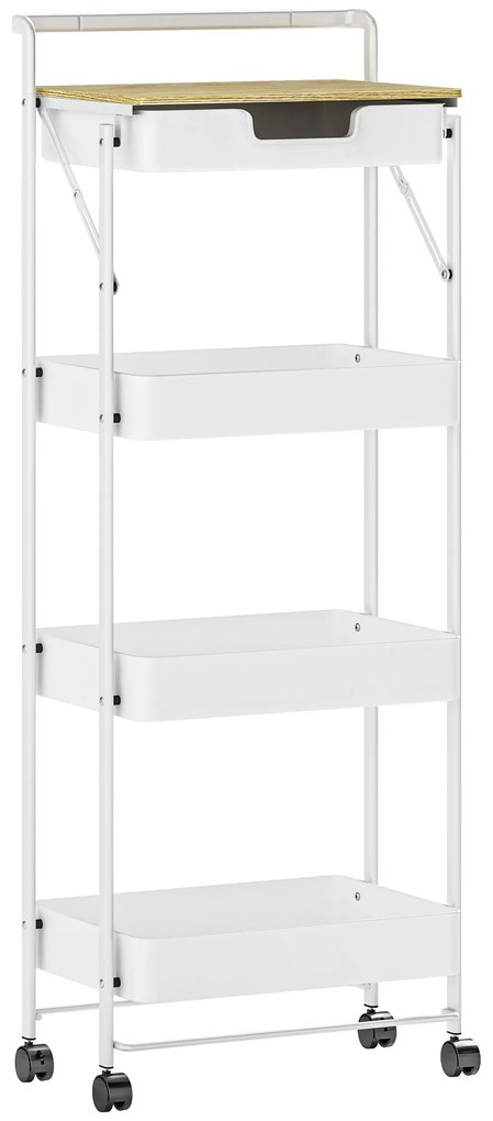 HOMCOM Carrinho Auxiliar com Rodas de 4 Níveis Carrinho de Cozinha com 1 Gaveta e 3 Cestos Carrinho Organizador 45x29,5x117,5 cm Branco | Aosom Portugal