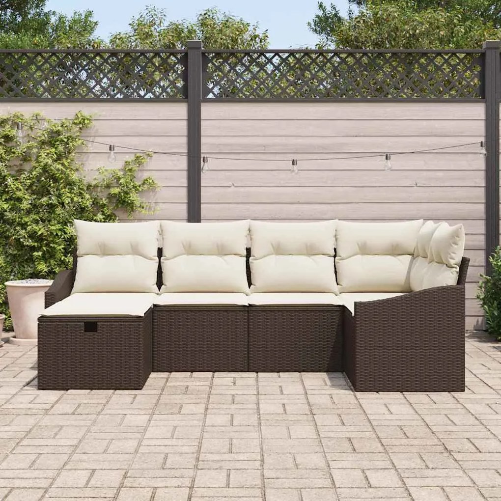 Conjunto de Sofá de Jardim 6 Peças com Almofadas Marrom Vime Poliéster