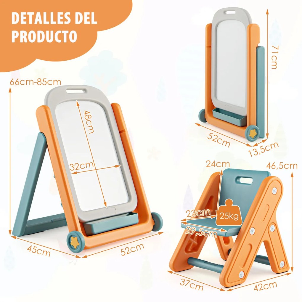 Conjunto de Quadro e cadeira para crianças Conjunto de cavalete para crianças com quadro branco magnético Cadeira ajustável em altura com encosto