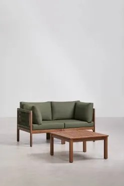 Conjunto De Sala Com Sofá Modular De 2 Peças Com Apoios De Braço E Mesa De Centro Em Madeira De Acácia Branson Verde Oliva Intenso - Castanho Acacia E