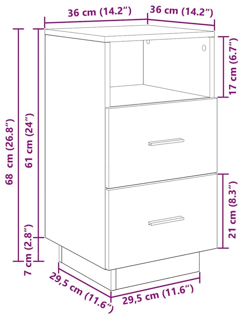 Mesa de cabeceira com 2 gavetas 36x36x68 cm cinzento sonoma