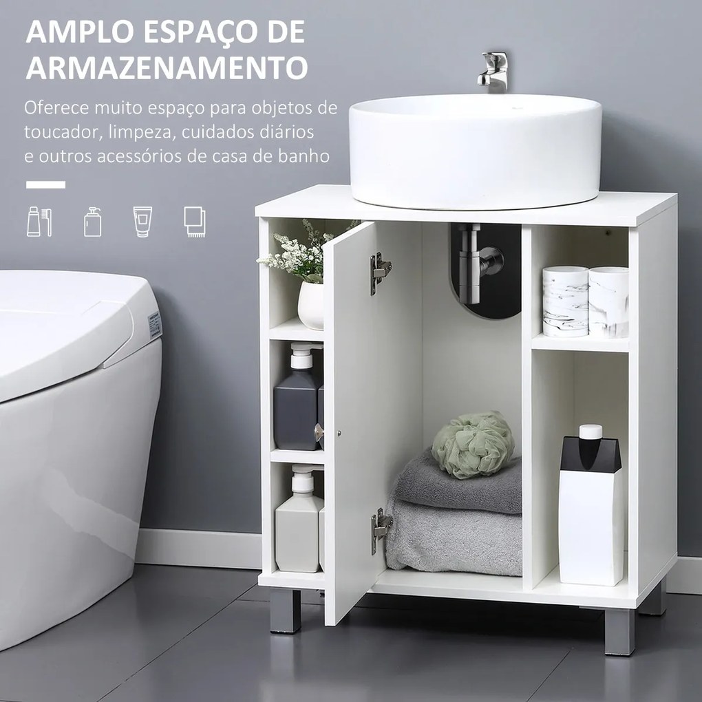 Armário Casa de Banho Móvel para Lavatório de Madeira com 5 Compartimentos Abertos 1 Porta Desenho Compacto Moderno 60x30x68cm Branco