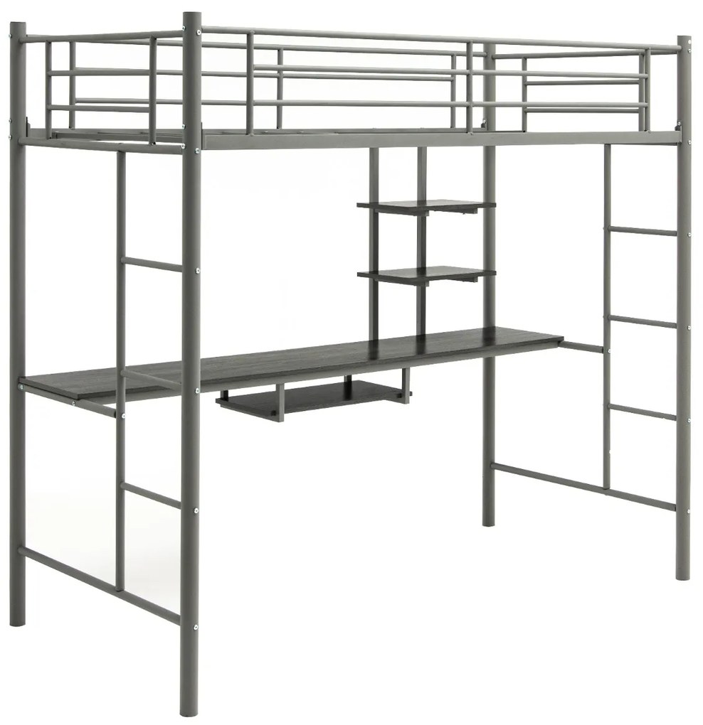 Cama alta com secretária infantil, 2 escadas bilaterais e 2 prateleiras de arrumação estrutura Prata