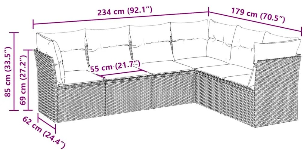 6 pcs conj. sofás jardim com almofadões vime PE cinzento-claro