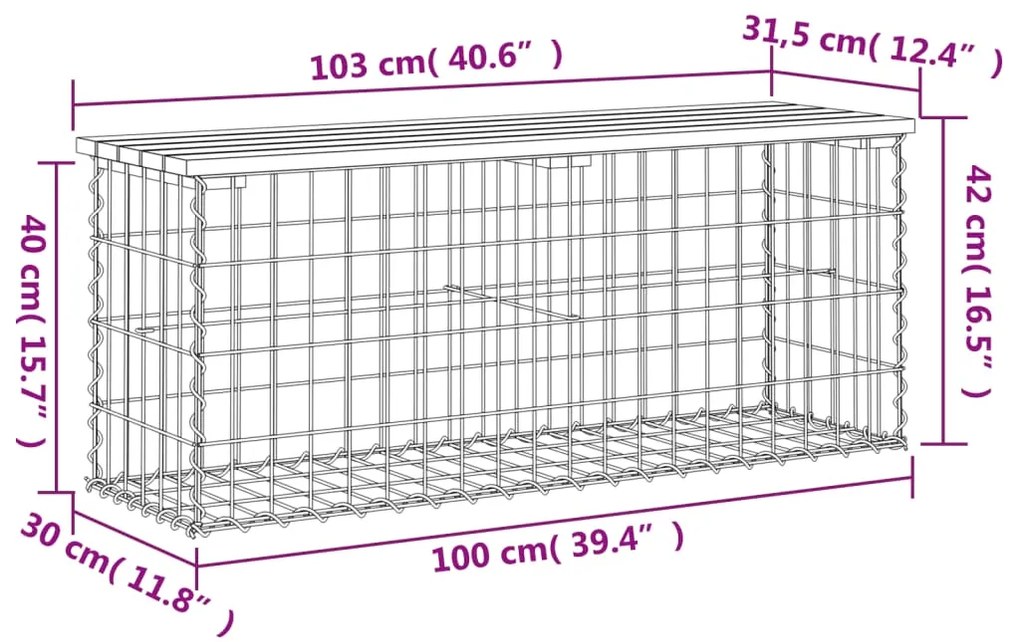 Banco de jardim c/ design gabião 103x31,5x42 cm pinho maciço