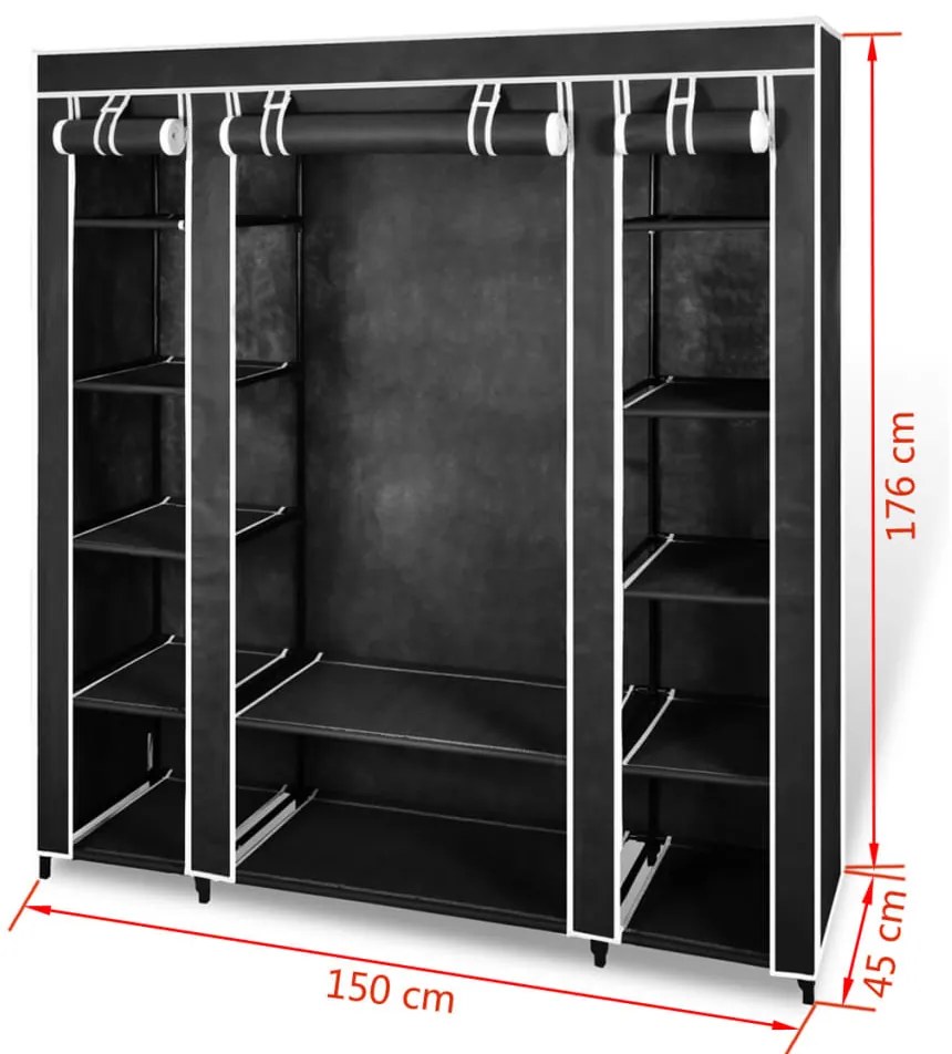 Armário tecido com compartimentos e varões 45x150x176 cm preto