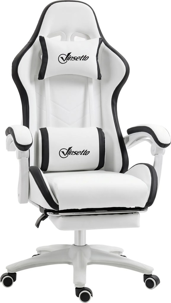 Vinsetto Cadeira gamer Couro PU Altura Ajustável Reclinável 135° Apoio Pés Retrátil Design Moderno 65x65x121-129 cm Branco Preto | Aosom Portugal