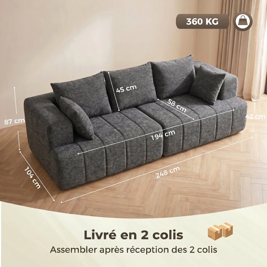 Sofá de 3 lugares em chenille, 248 (C) x 104 (P) x 87 (A) cm, sofá de sala moderno, assento largo estofado, almofadas com molas, cinzento