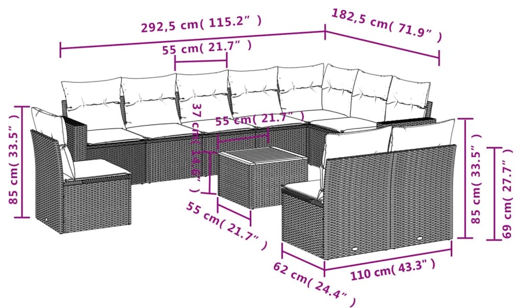 11 pcs conjunto sofás de jardim c/ almofadões vime PE preto