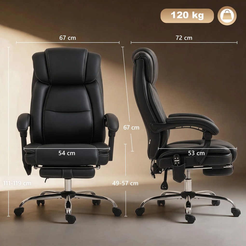 Cadeira de escritório com função de massagem e aquecimento, com altura ajustável e encosto reclinável, 67 x 72 x 111–119 cm, preta