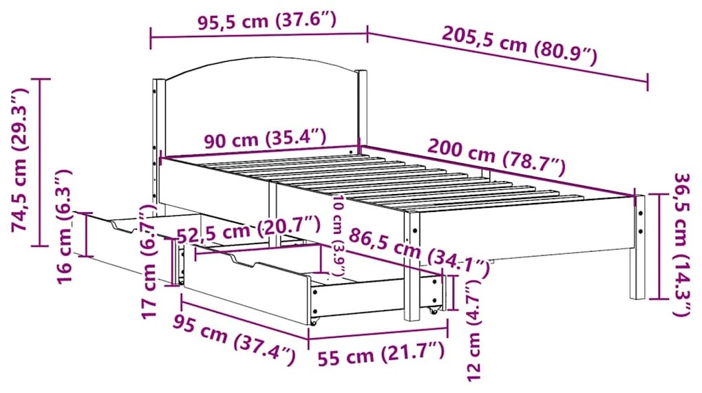 Cama sem colchão 90x200 cm pinho maciço castanho-mel