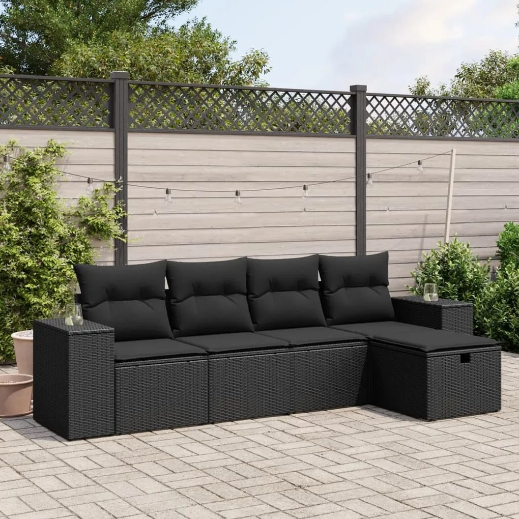 5 pcs conjunto sofás de jardim com almofadões vime PE preto