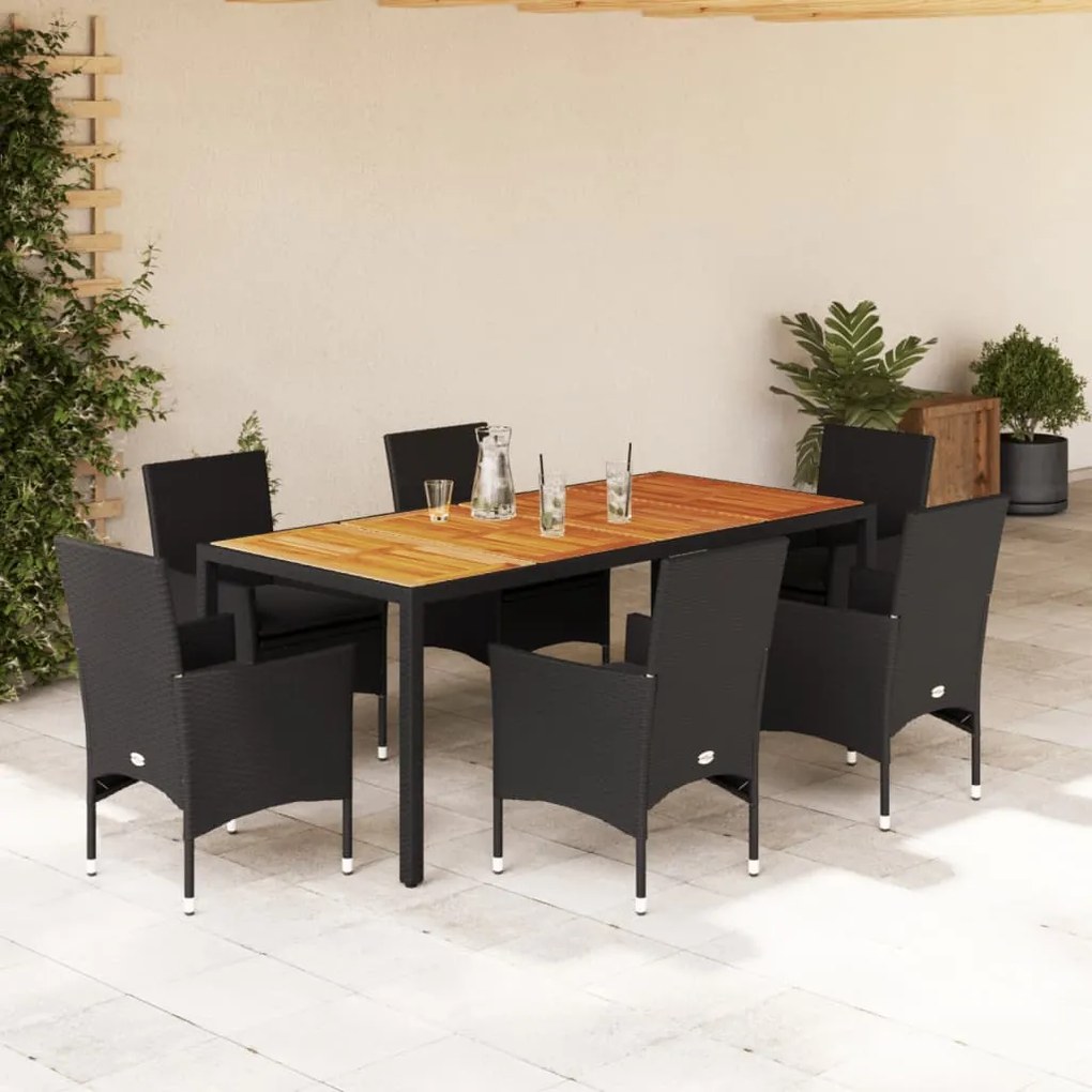 vidaXL 7 pcs conjunto jantar jardim c/ almofadões vime PE/acácia preto