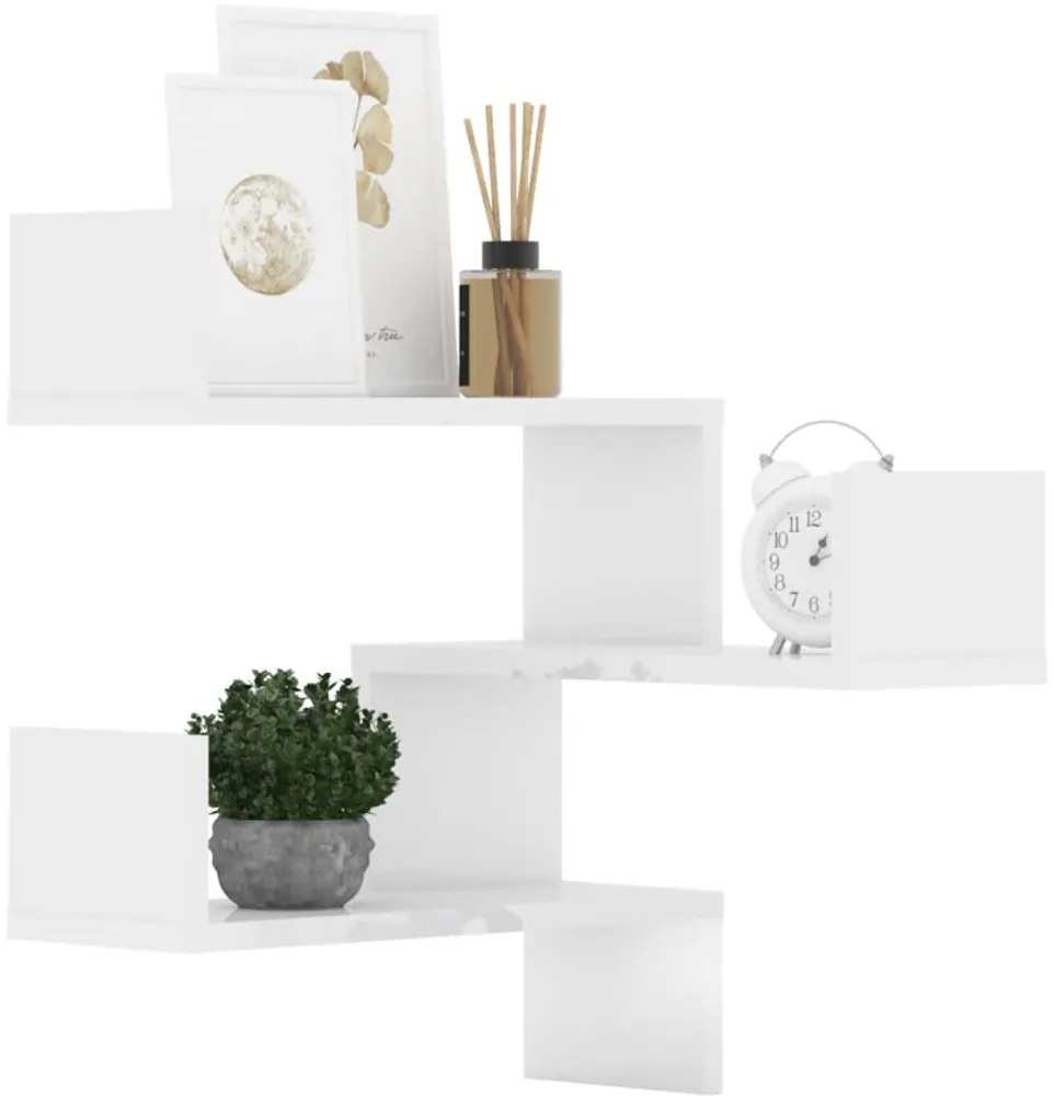 Estantes canto p/ parede 2pcs deriv. madeira branco brilh.