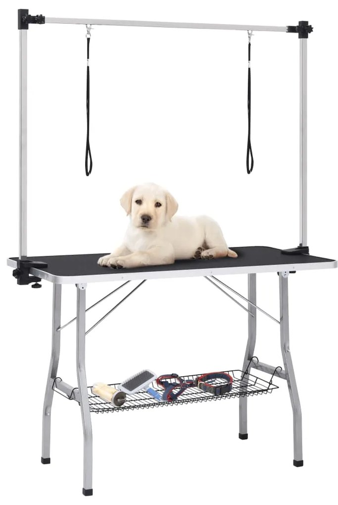 171070 vidaXL Mesa de grooming ajustável para cães com 2 laços e cesto