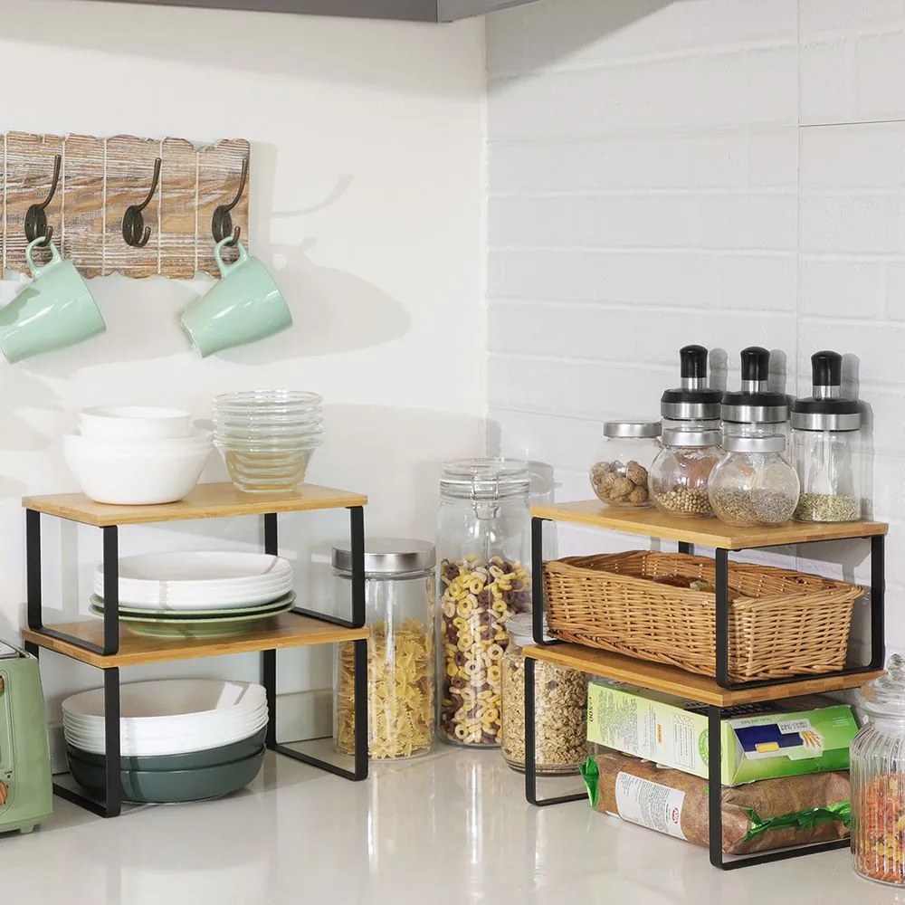 Conjunto de 4 organizadores de cozinha empilháveis preto-natural