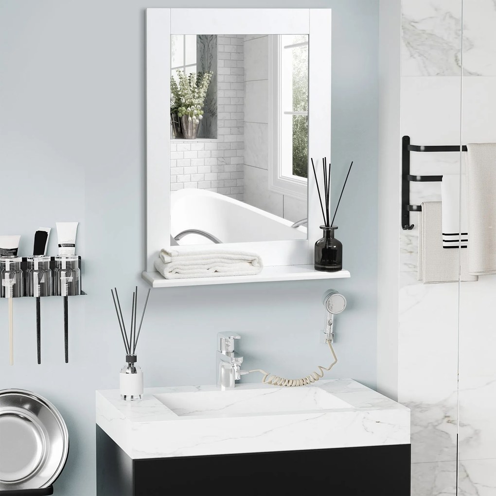 Espelho de Casa de Banho 50x11,x5x60cm Espelho de Parede Moderno com Prateleira de Armazenamento e Estrutura de Madeira para Dormitório Casa de Banho