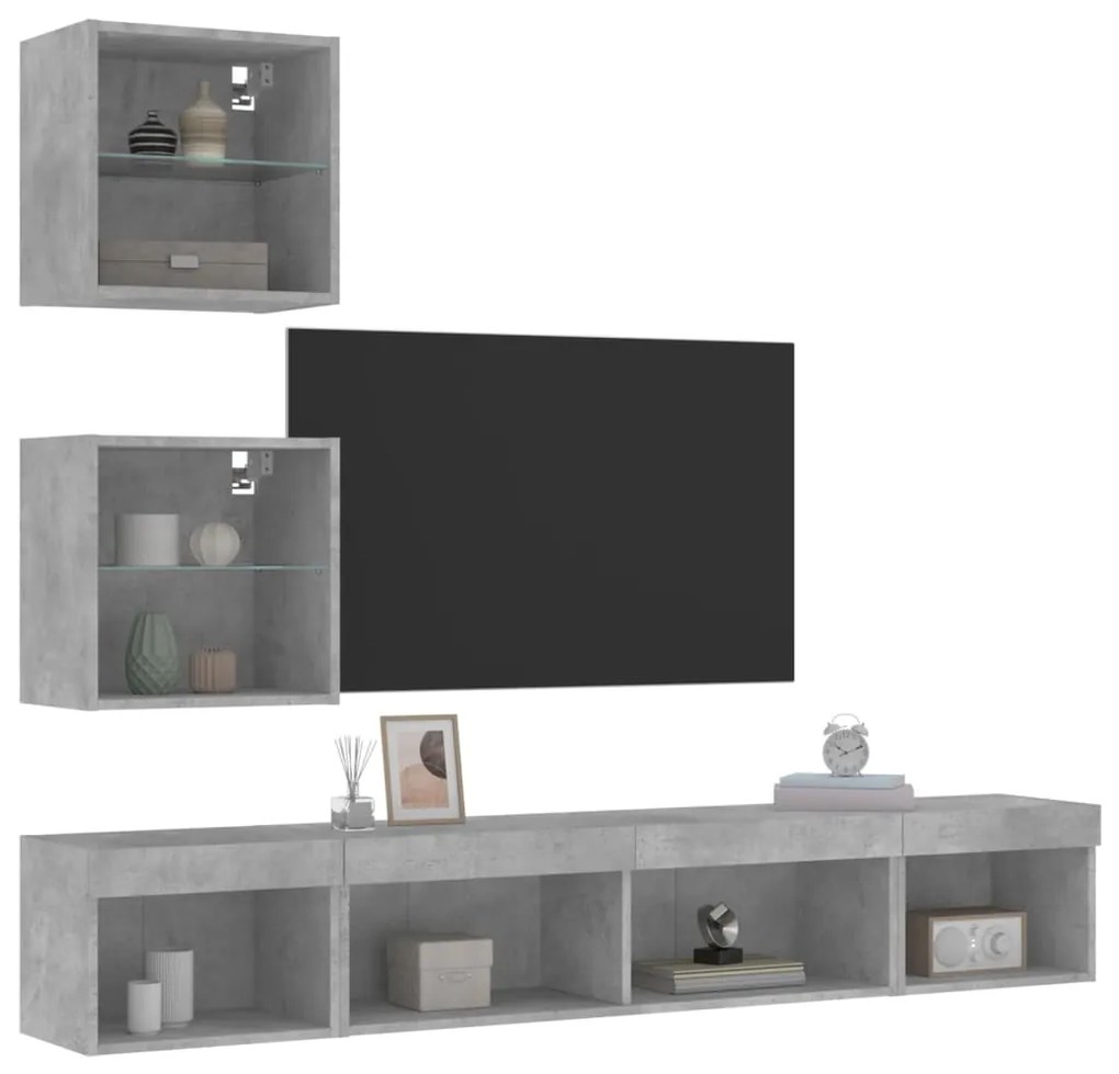 vidaXL 5 pcs móveis parede p/ TV c/ LEDs deriv. madeira cinza cimento