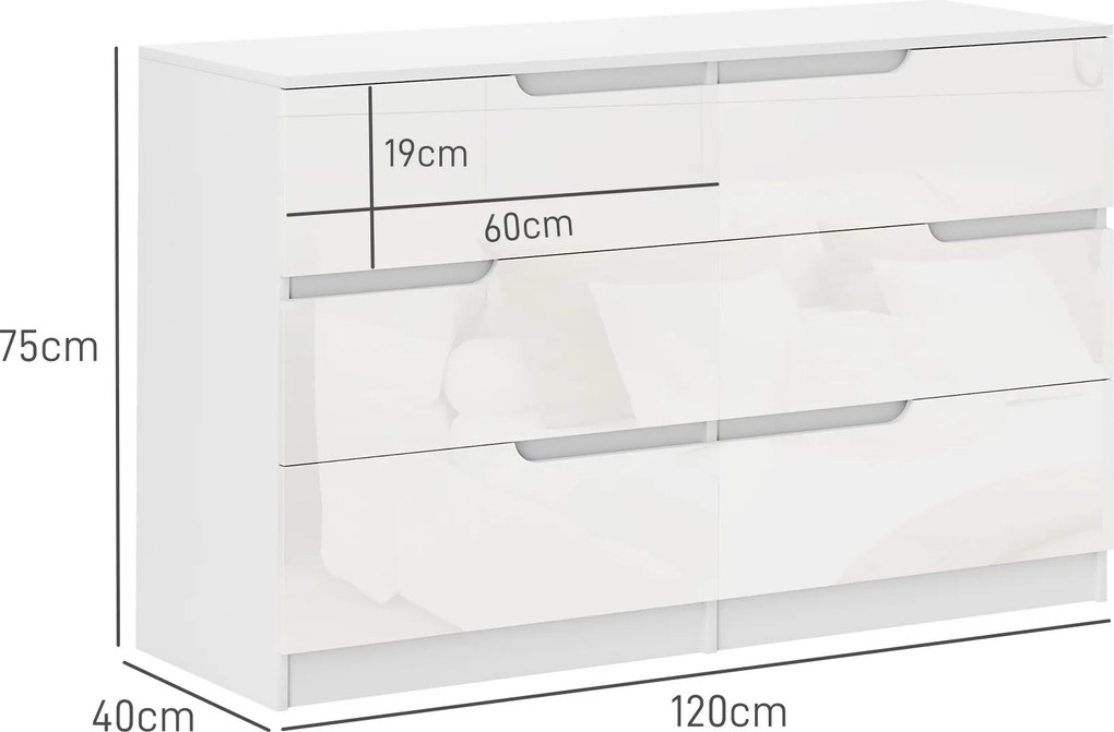 Cómoda com 6 Gavetas Cómoda de Dormitório Moderna com Sistema Anti-Tombo 120x40x75 cm Branco