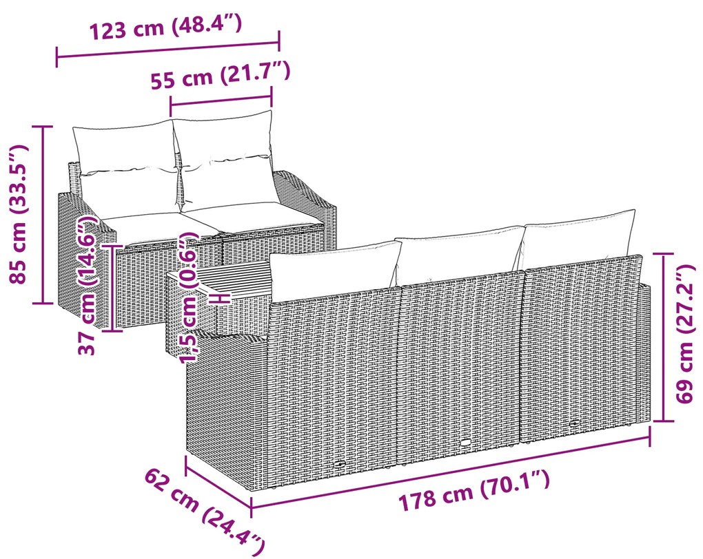 Conjunto de Sofás de Jardim de 6 Peças com Almofadas Preto Rattan Poli