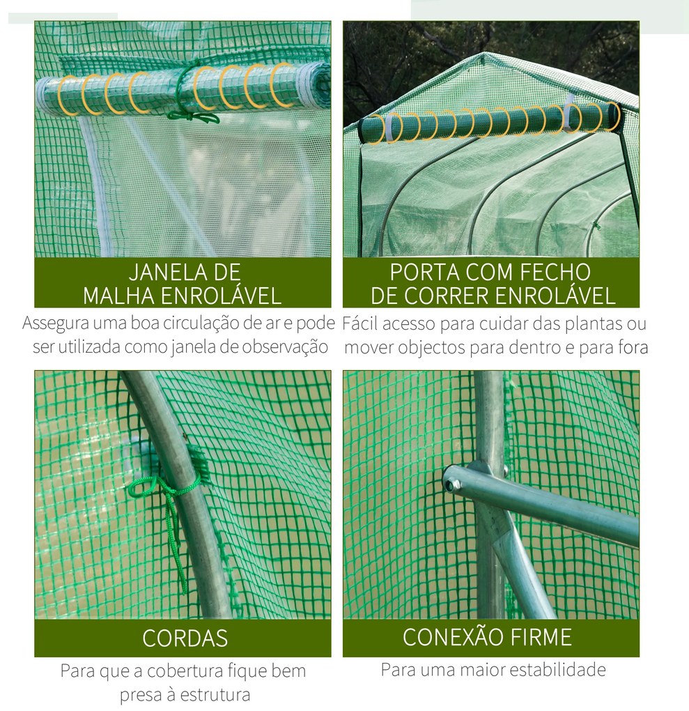 Estufa tipo Túnel 4x2x2 m Estufa de Exterior com 8 Janelas de Malha e Porta Estufa de Cultivos para Pátio Jardim Verde