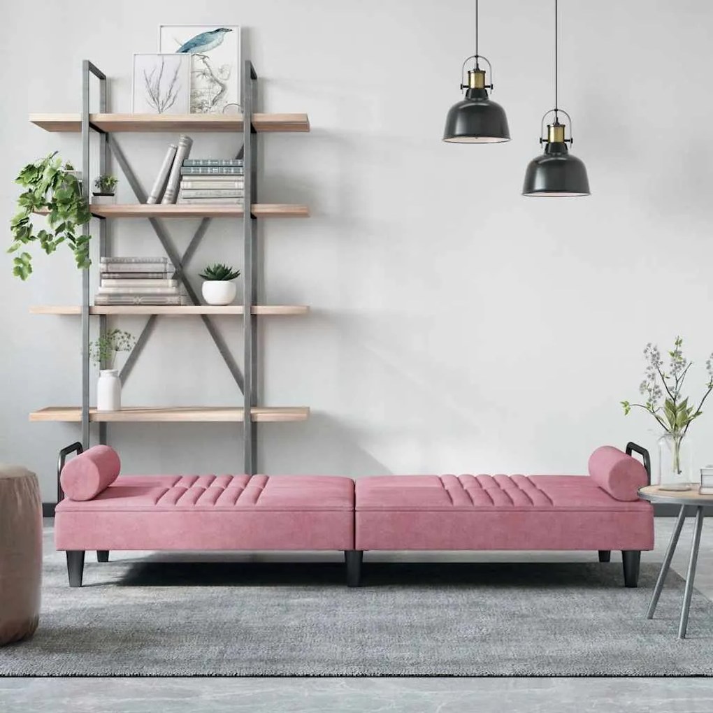 Sofá-cama com apoio de braços veludo rosa