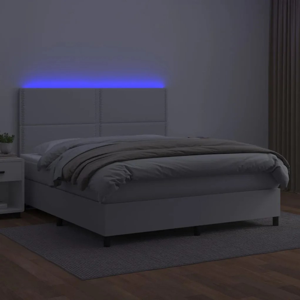 Cama box spring c/colchão/LED 160x200cm couro artificial branco