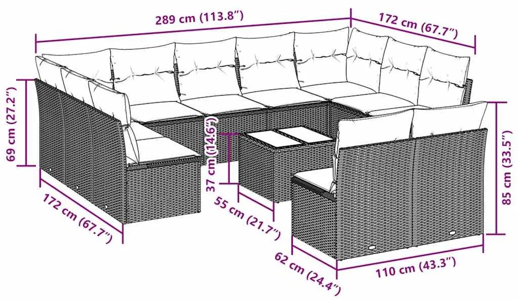12 pcs conj. sofás jardim com almofadões vime PE cinzento-claro