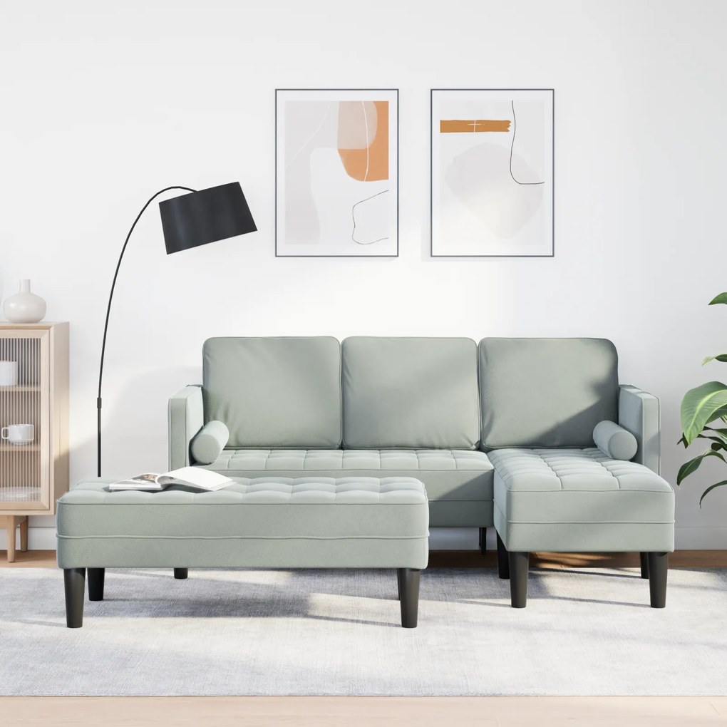 Sofá de Jardim vidaXL com Banco e Almofadas L-Shaped Veludo Cinzento Claro