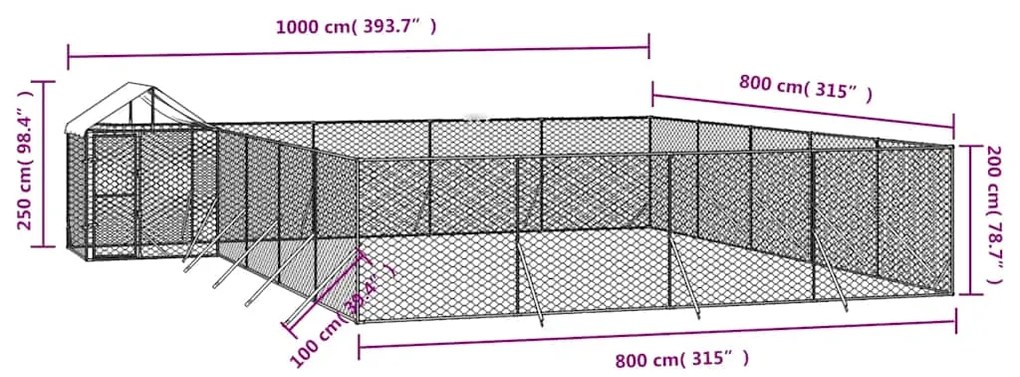 Canil de exterior com teto 10x8x2,5 m aço galvanizado prateado