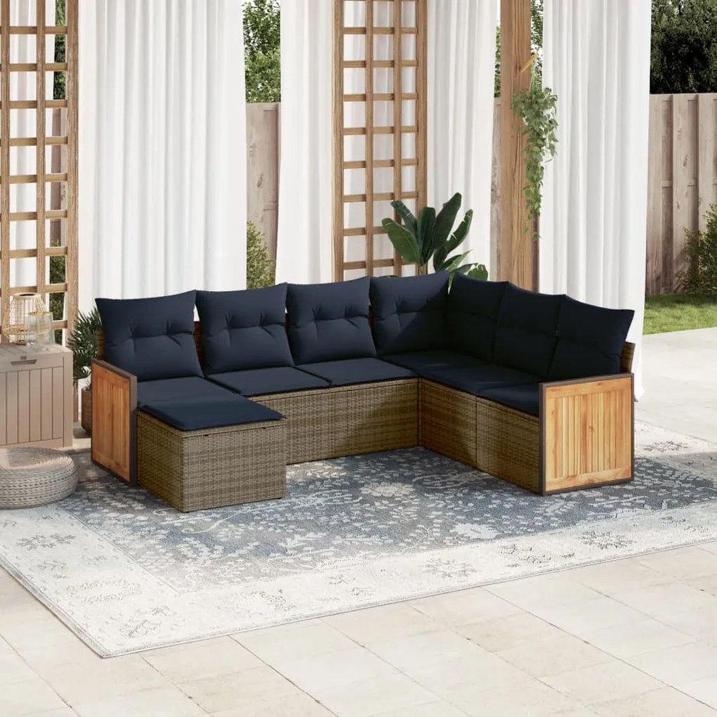vidaXL 7 pcs conjunto sofás p/ jardim c/ almofadões vime PE cinzento