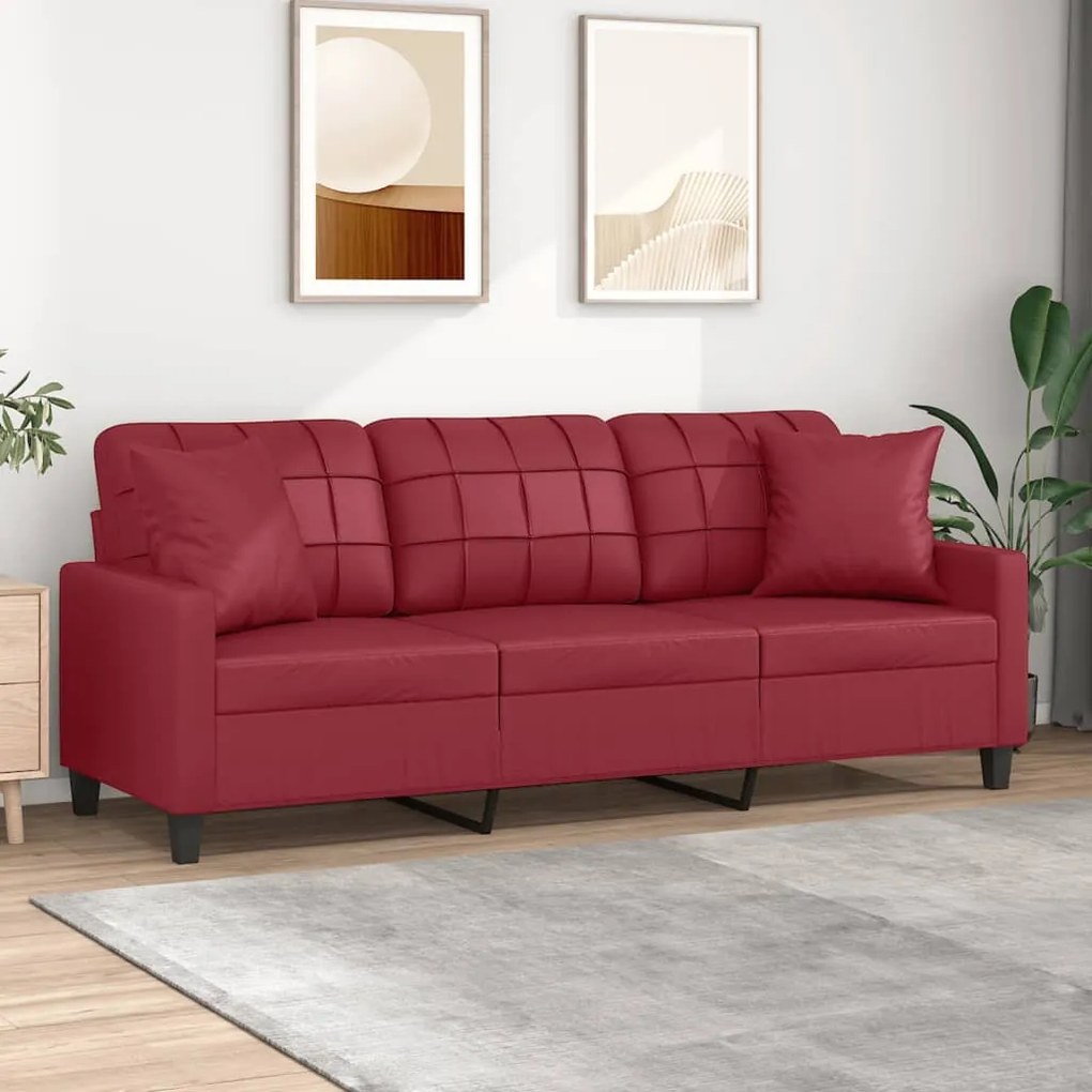 vidaXL Sofá 3 lug. c/ almofadas 180 cm couro artificial vermelho tinto