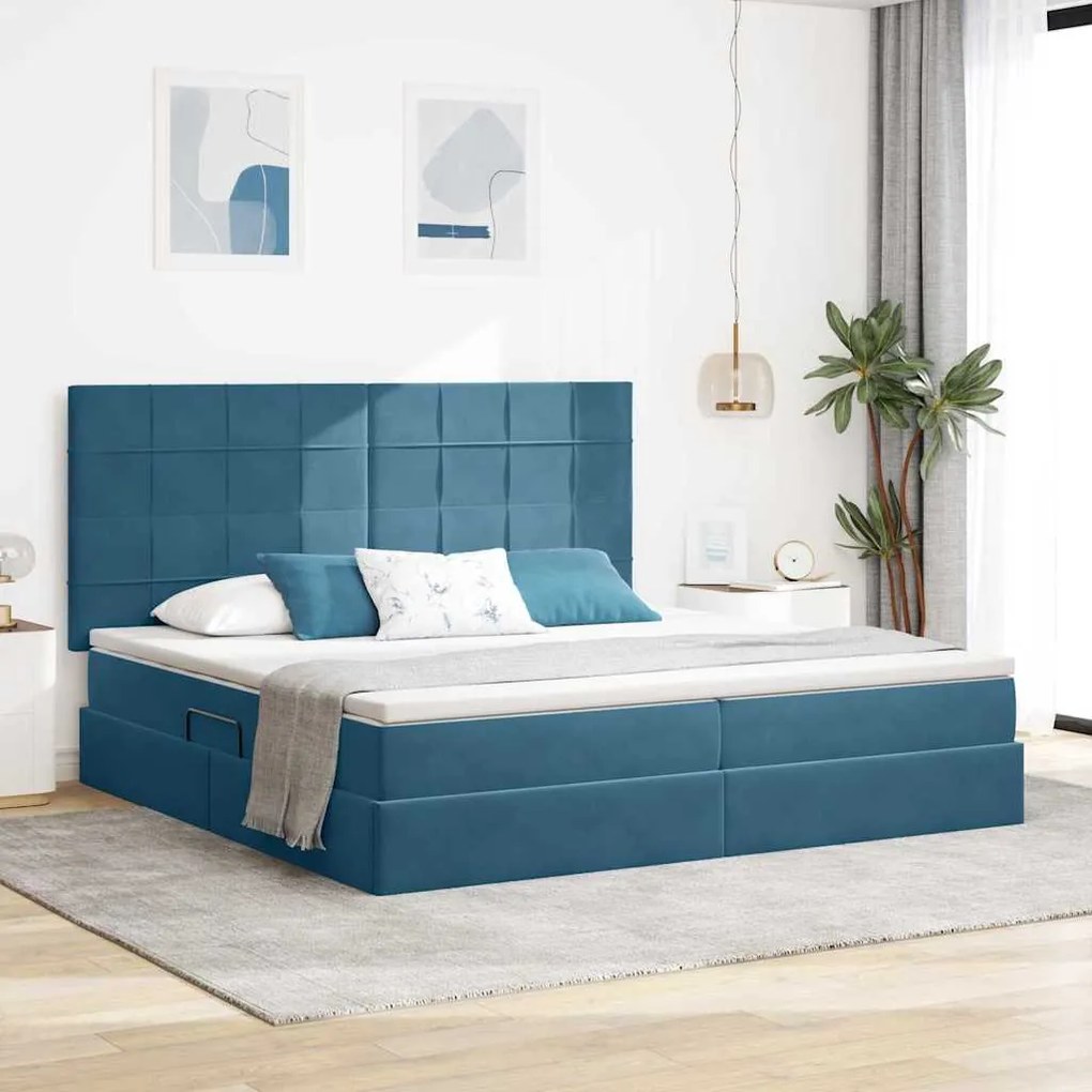 vidaXL Cama com arrumação e colchão Azul Escuro 200 x 200 cm Veludo