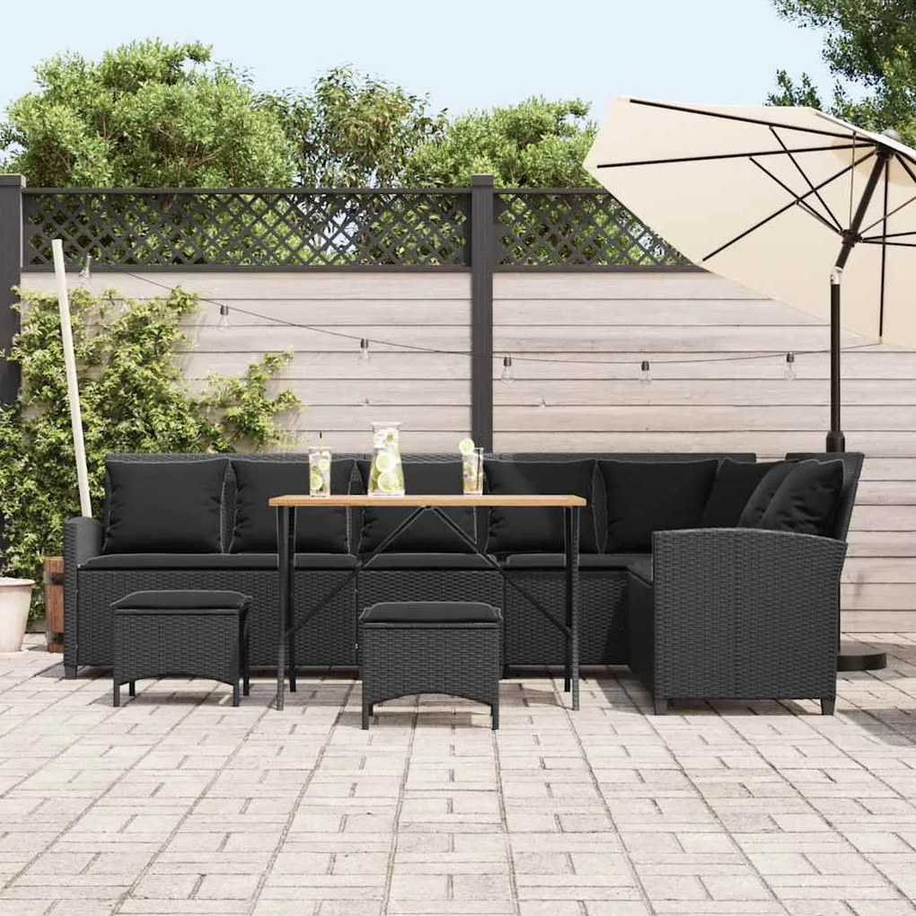 4pcs conjunto sofás de jardim com almofadões em L vime PE preto