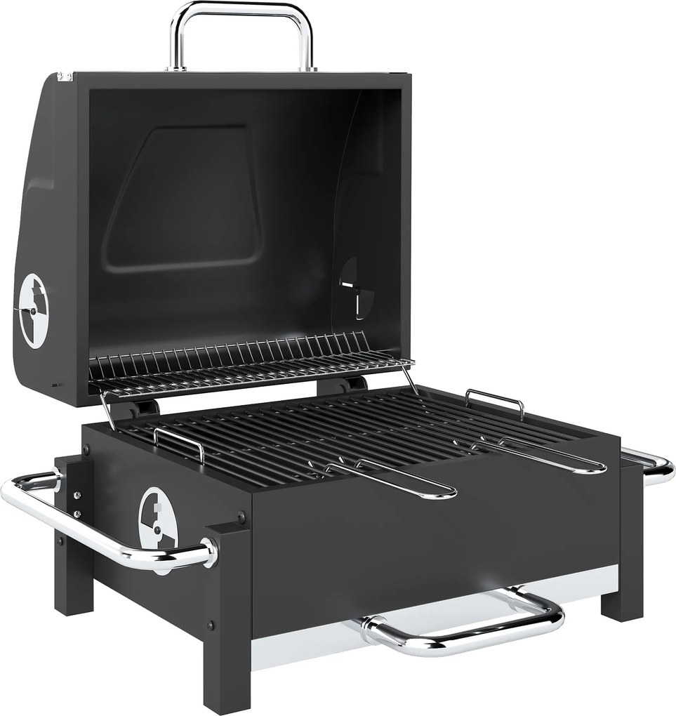 Outsunny Grelhador a carvão em aço portátil Defumador BBQ com tampa ventilação ajustável bandeja de carvão em dois níveis termómetro | Aosom Portugal