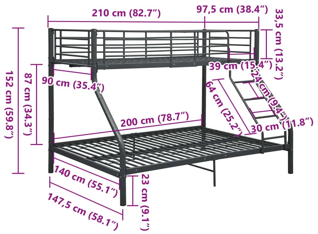 Estrutura de beliche 140x200/90x200 cm metal preto