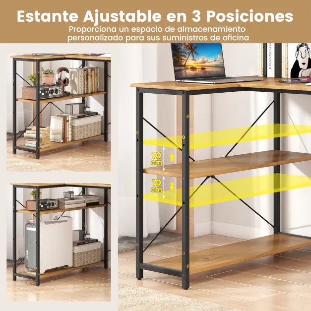 Secretária em forma de L com prateleira ajustável com estrutura metálica resistente para escritório em casa Castanho e Preta