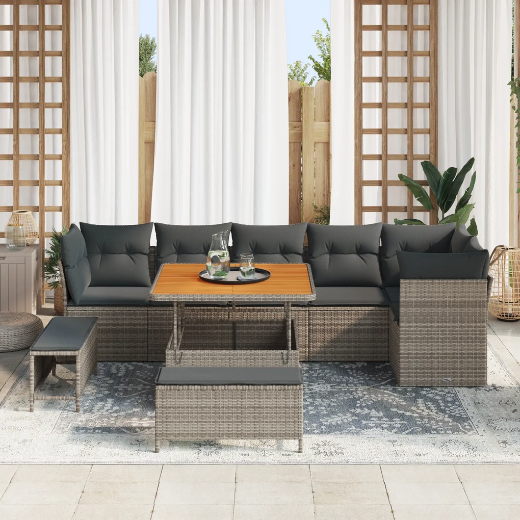Conjunto de Sofá de Jardim vidaXL de 9 Peças com Almofadas Cinza Ratta