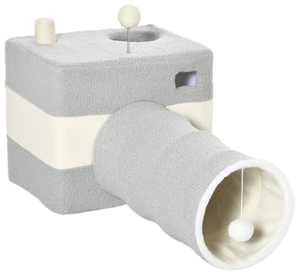 PawHut Túnel para Gatos com Caverna Túnel para Animais de Estimação com Orifício Superior e Bola Suspensa 48x95x58cm Cinza | Aosom Portugal