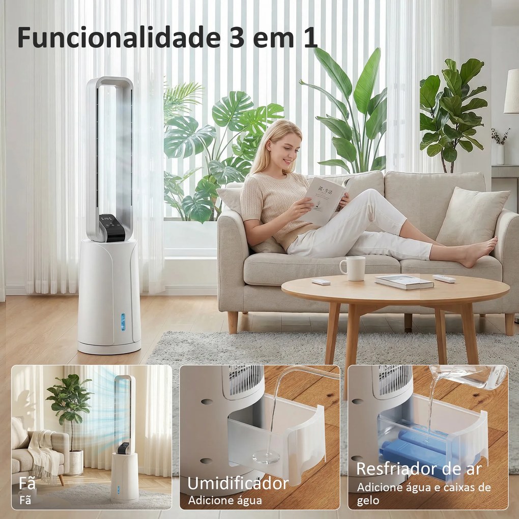 Climatizador 3 em 1 com Depósito de 1,7 L Modos Ajustáveis Temporizador Controlo Remoto 24,7x24,7x109,5 cm Branco