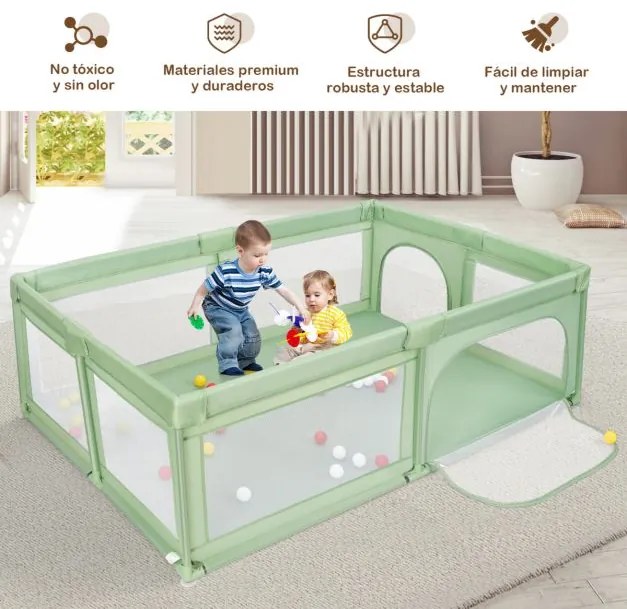 Parque infantil centro de actividades com bolas para bebés, estável, não tóxico com rede respirável 205 x 147 x 68 cm Verde