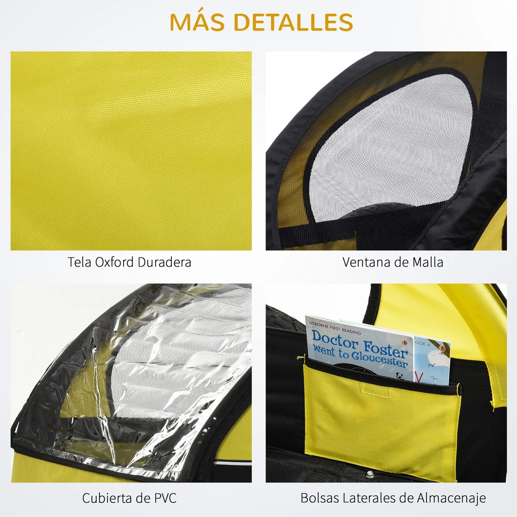 HOMCOM Reboque de Bicicleta 2 EM 1 para crianças de 2 lugares com Amortecedores Convertível em carrinho com barra e kit de corrida 129x85x105cm Amarelo