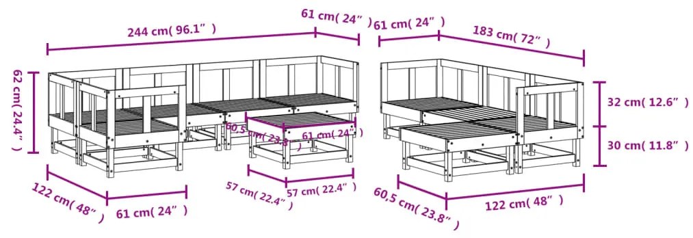 10 pcs conjunto lounge de jardim pinho maciço branco