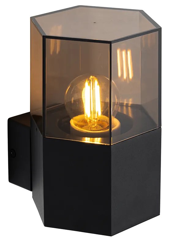 Candeeiro de parede exterior preto com vidro fumê hexagonal IP44 - Denmark Moderno